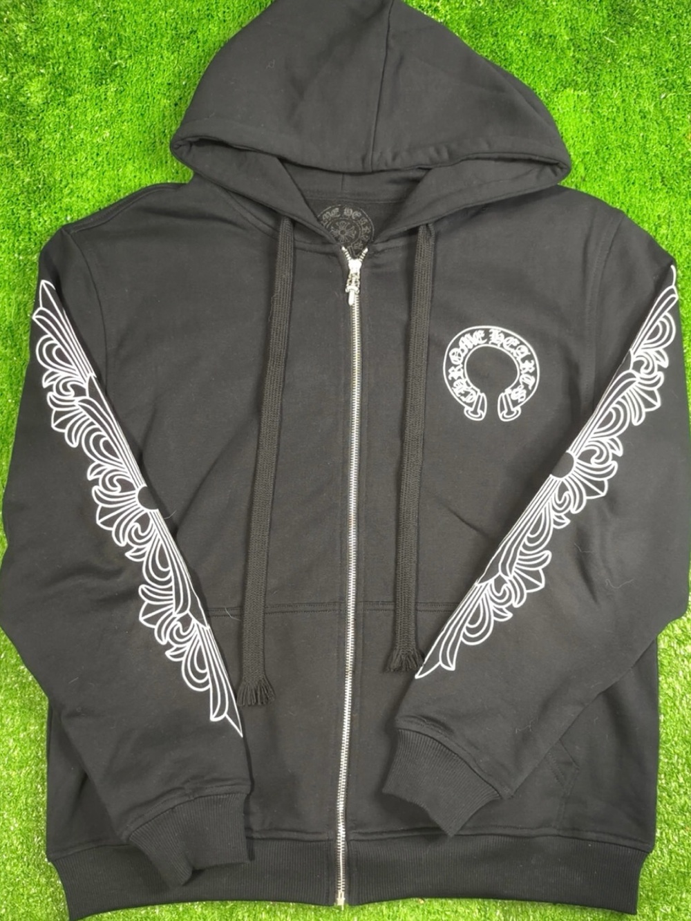 Chrome Hearts Black Zip-Up Hoodie with White Sleeve Motif